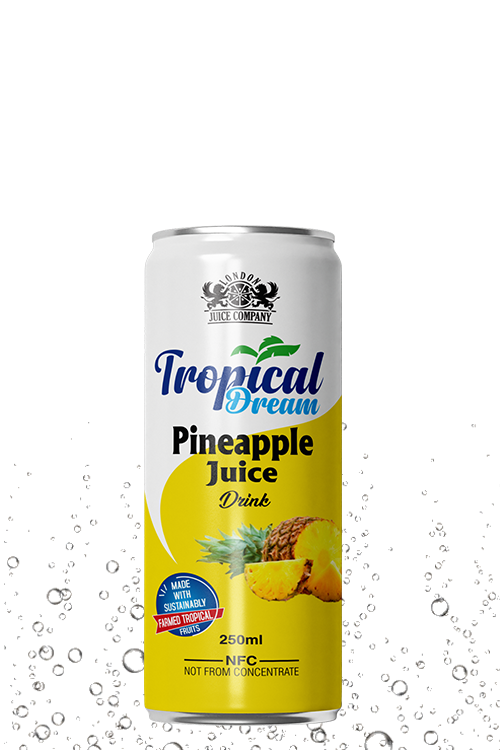 Tropical Dream Pineapple Juice Drink 250ml can with pineapple fruit label and splash background.